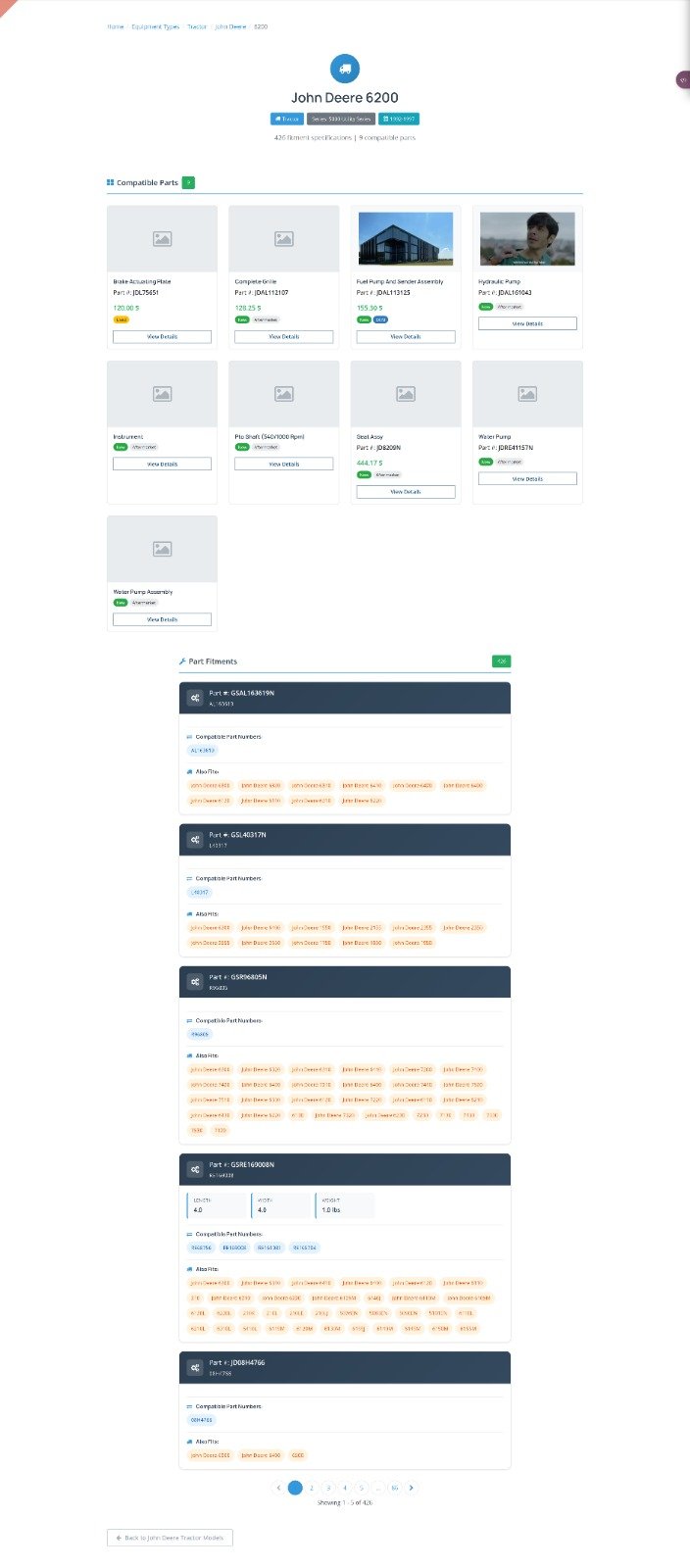 John Deere 6200 model page with compatible parts